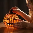 thumbnail image 3 of Halloween USB Powered Stained Glass Pumpkin Jack-O'-Lantern, Vintage Resin Carved  Accent Light, Spooky Fall Home Decor & Tabletop Ornament for Party or Gifts (B), 3 of 6