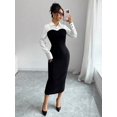 thumbnail image 4 of Black And White Two-Tone Long-Sleeve Midi Dress With Collared Shirt Top And Fitted Black Skirt, 4 of 6