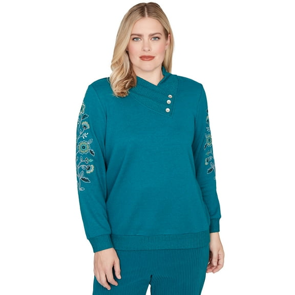 Alfred Dunner Womens Embroidered Sleeve Button Detail Top