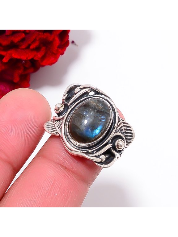 Labradorite - Madagascar Handmade Oxidised 925 Sterling Silver Ring S.6 R9799, Christmas Gift