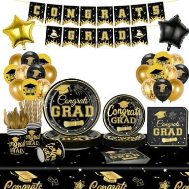 Gold and Black Themed 2025 Graduation Decorations Set 152PCS - Congrats Grad Banner, Paper Plates and Napkins, Balloons - Complete Party Supplies for High School & College Celebrations