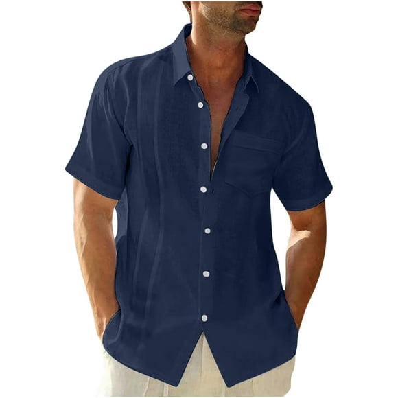 lcziwo Men's Guayabera Cuban Shirt 2024 Loose Fit Short Sleeve Casual Button Down Shirts Comfort Lightweight Cotton Linen Beach Shirts for Summer Navy L