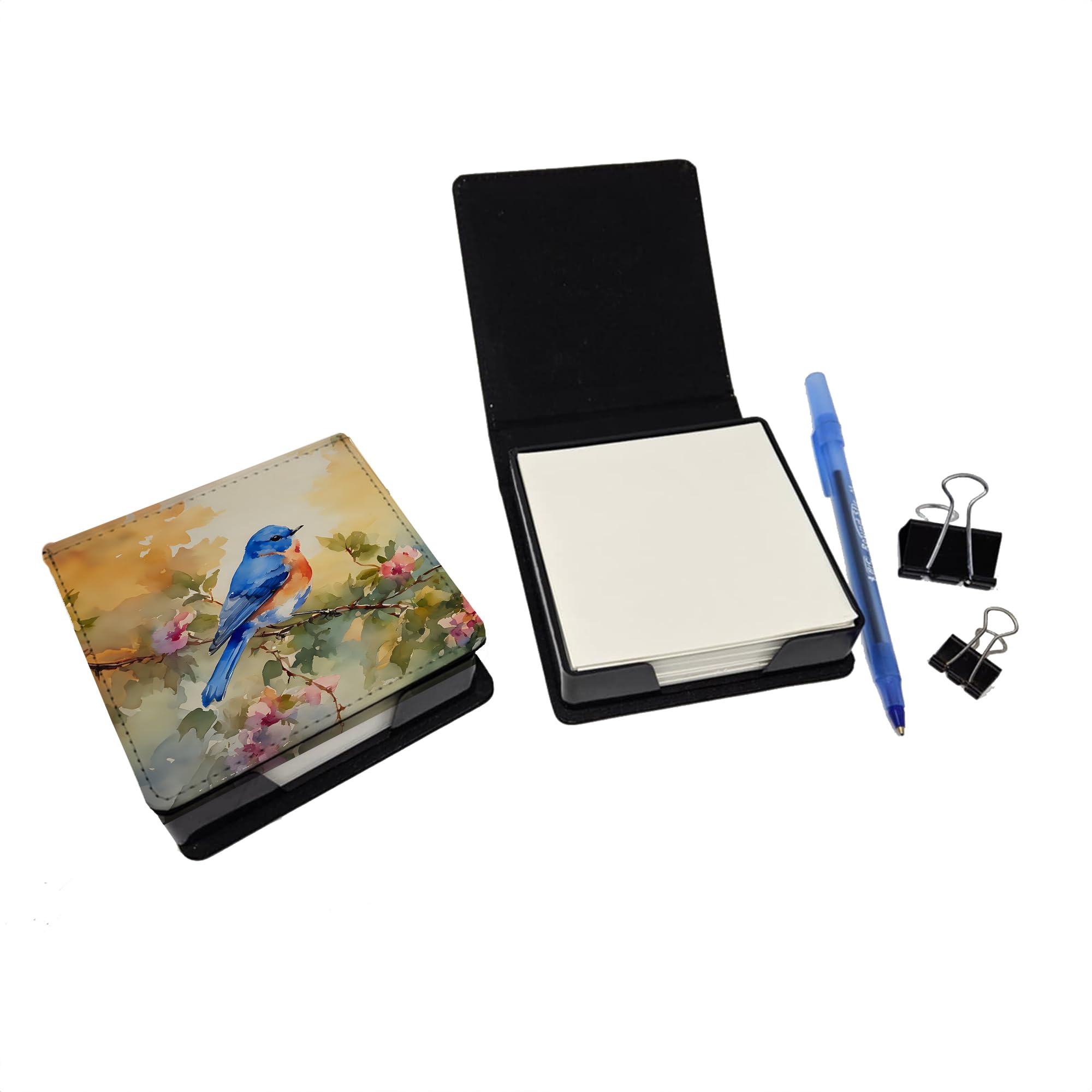 Caroline's Treasures Bluebird PU Leather Note Paper Holder with Artist-Designed Cover, Desk Accessory, Office Gift