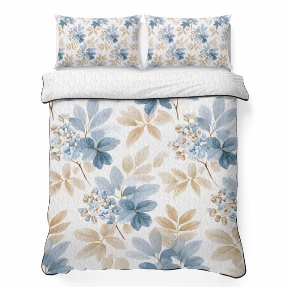 Quilts King Size Bedding Set, Blue Beige Leaves Lightweight Quilted Comforter, Farmhouse Minimalist Botanical Soft Reversible Bedspread Coverlet with Pillow Covers for All Season, 96" x 106"