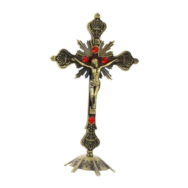 Crucifijo católico cristiano de pie Cruz de Cristo Crucifijo Decoración Oración Bronce