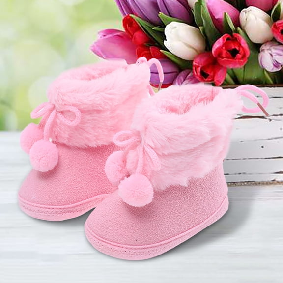 Huowey Baby First Walking Shoes Boy Girl Cute Bow Fuzzy Booties Soft Sole Floor Shoes Fall Winter Warmth Soft Footwear,Pink,0-6 Months