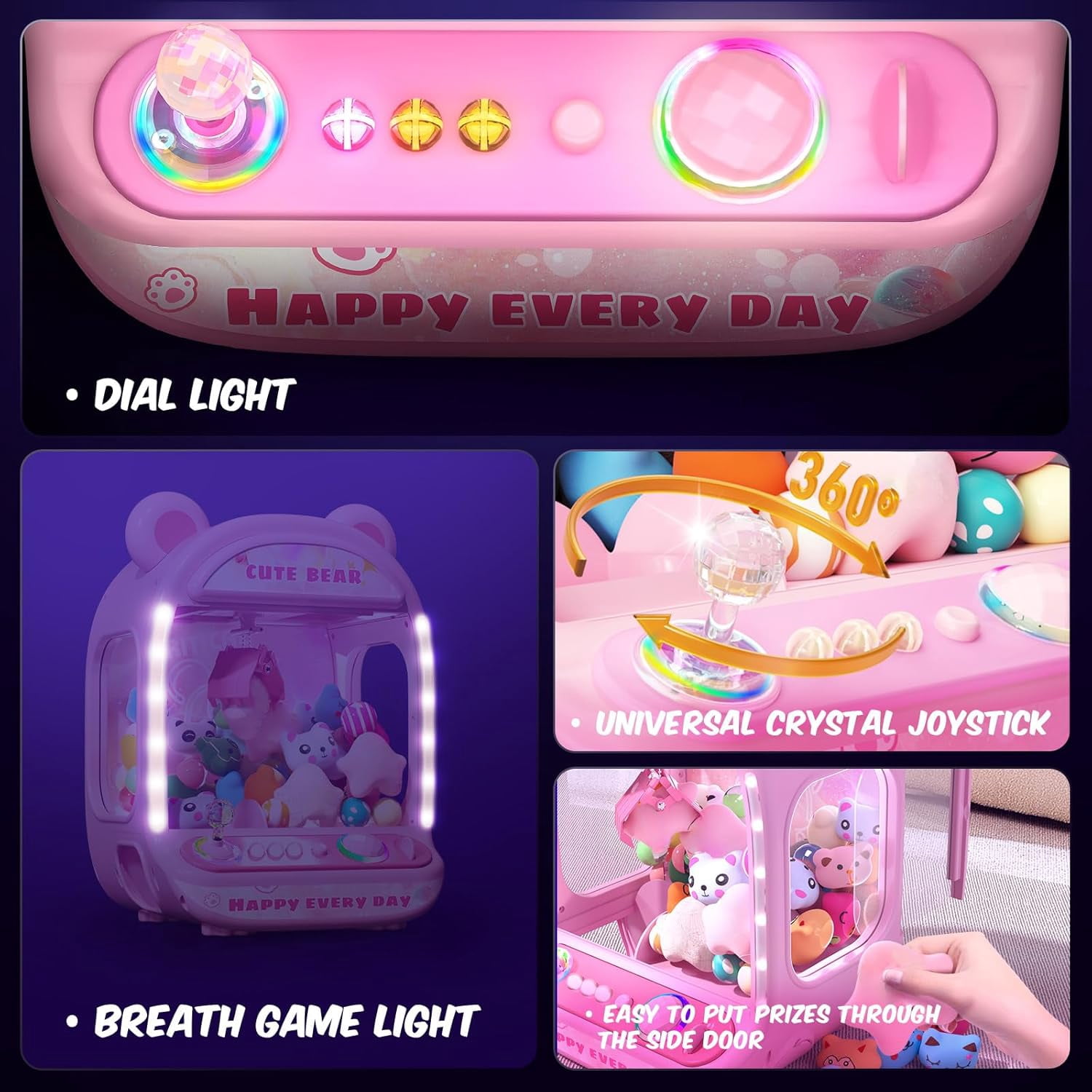 HNH Claw Game Machine, Unicorns Claw Machine for Kids, Mini Vending Machine with LED&Music, Rechargable Claw Arcade Games Toys for Girls and Boys Gifts, Children's Day Gifts