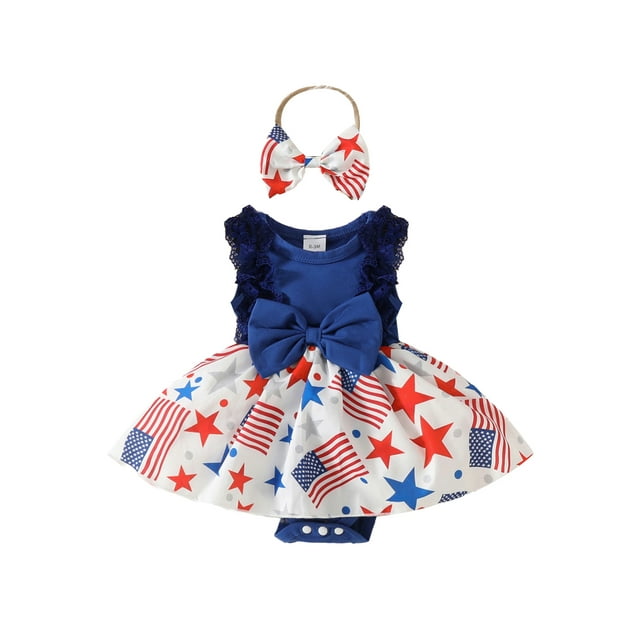 SUNSIOM Barboteuse Bébé Fille Jour de l'Indépendance Robe Sans Manches Imprimé Étoiles Barboteuse avec Bandeau