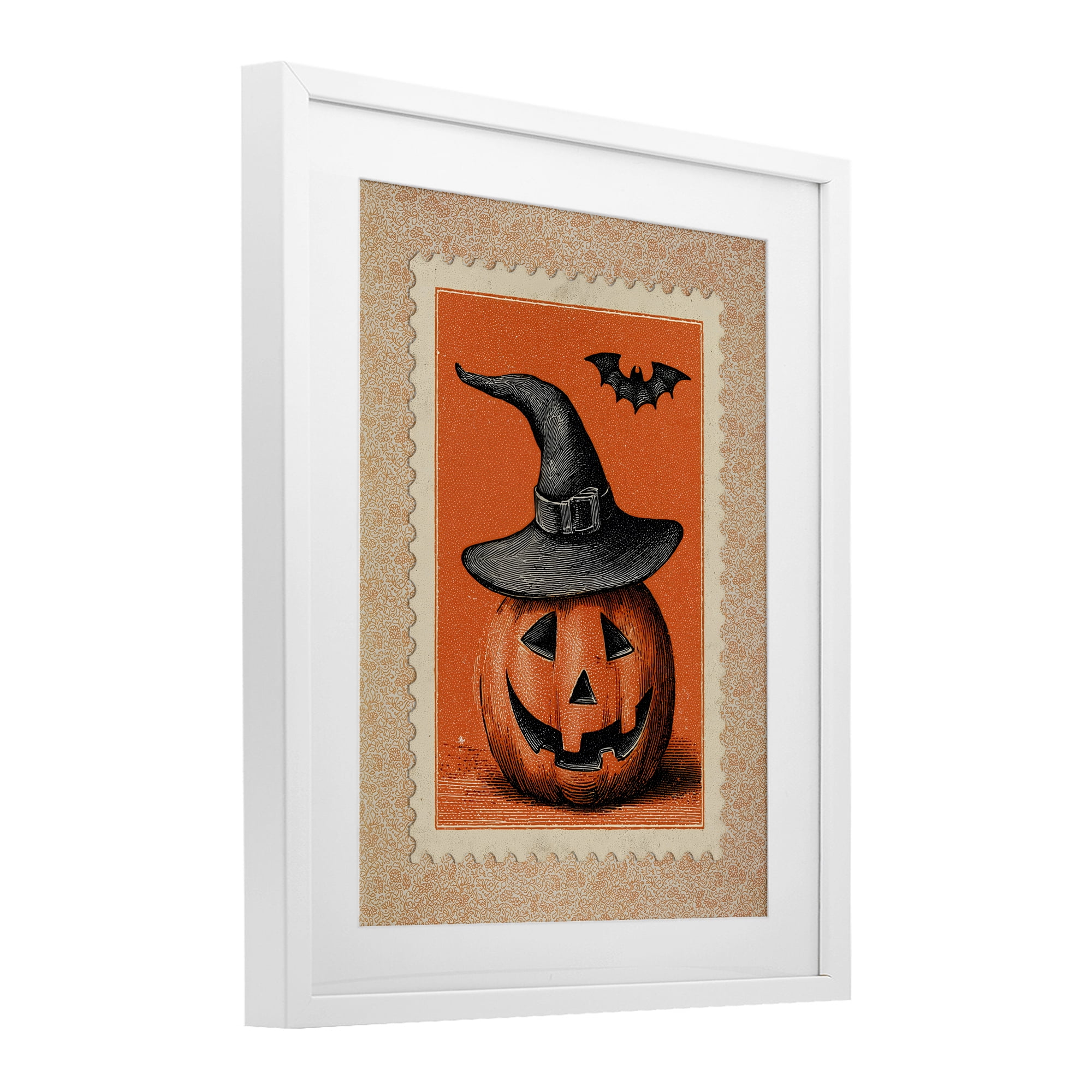 Vintage Jack-o-Lantern Stamp White Framed Print Under Glass, design by Arlington Prints