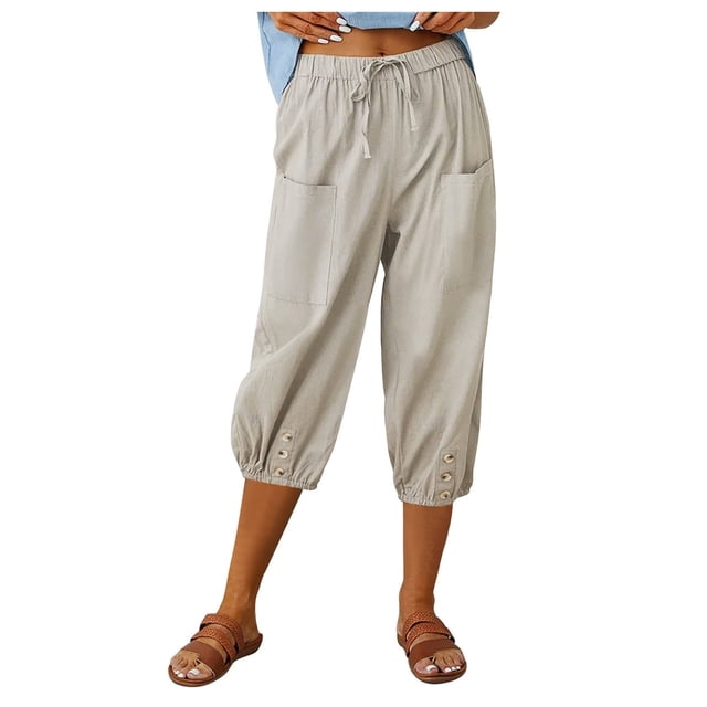 Pantalones harem elásticos de cintura alta y corte holgado para mujer: pantalones cortos informales con bolsillos, mezcla de algodón, diseño de color liso