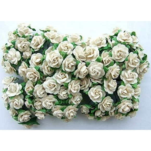 100 pcs. Assorted White Rose Mulberry Paper Flower Artificial Craft Scrapbook Wedding Supply Accessory DIY, White Tone Color, Size 1.5 cm.