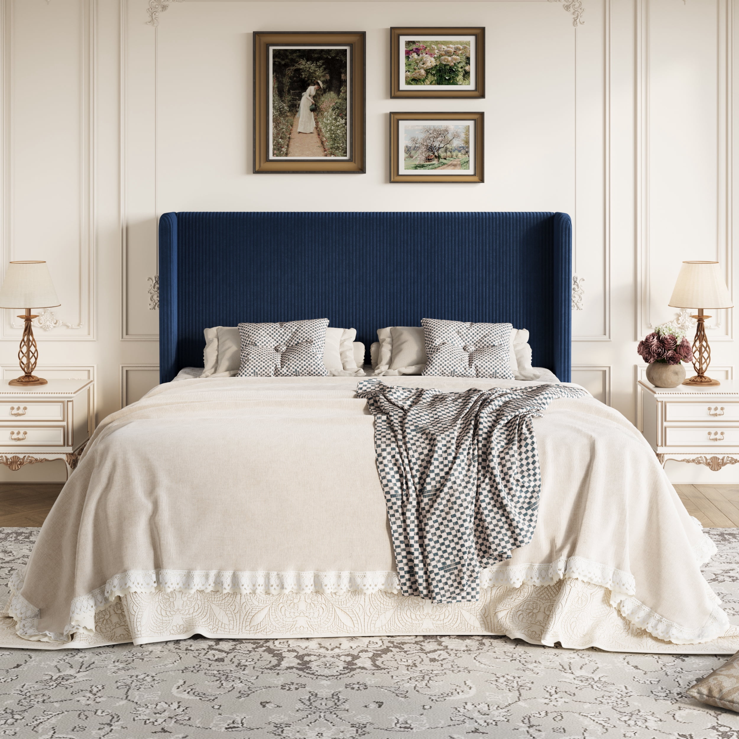 Amolife King Size Platform Bed Frame with Velvet Upholstered Wingback Headboard, Dark Blue