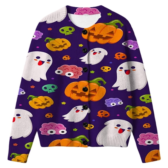 Halloween Girls Knitted Sweater Cardigan Spooky Print Stylish Fall Long Sleeve Button Down Casual Tops