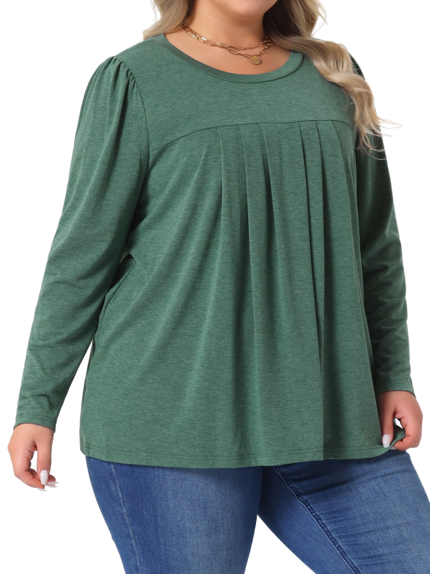 DARING DIVA Women's Plus Long Sleeve Pleated Crew Neck Blouse 2X Green