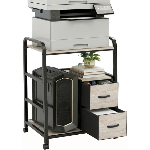 Printer Stand Featuring Fabric Drawers, Under Desk Host Computer Cabinet and Shredder Shelf, Heavy Duty Printer Stand with Storage Workstation Organization Printer Table for Home Office