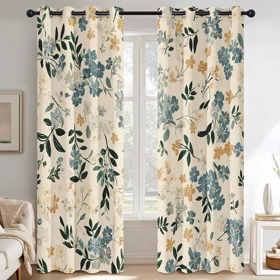 Blue Yellow Floral Blackout Curtains for Bedroom, Thermal Farmhouse Flower Curtains, Grommet Drapes Window, Country Cottage Botanical Room Decor Living Room 26"W x 54"L (Pack of 2)