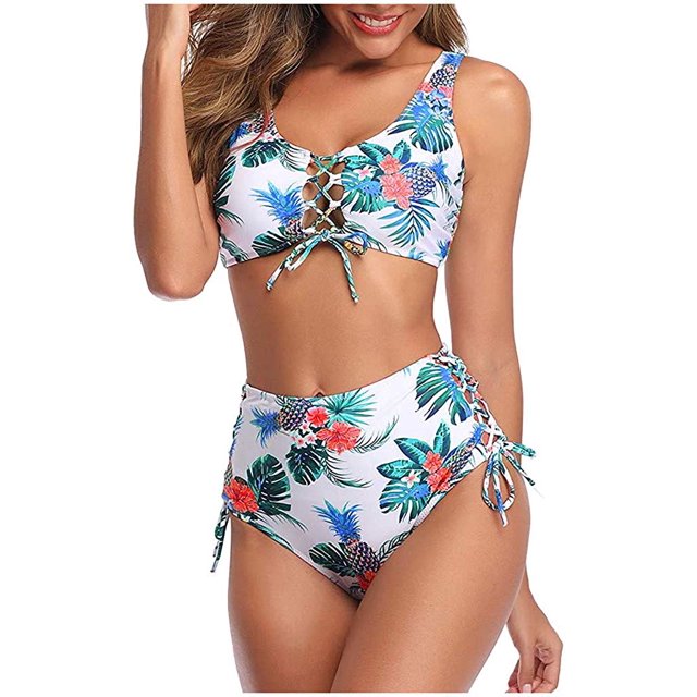 Femmes Taille Haute Maillot de Bain Deux Pièces Palmier Imprimé Floral Dentelle devant Côté Bikini Rétro Ensemble