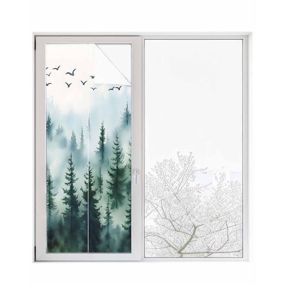 Window Privacy Film Green Forest Fog Stained Glass Window Film Decorative Sun Block Window Cover Watercolor Abstract Art Window Clings Static Adhesive Sticker for Bathroom 23.6"x59"