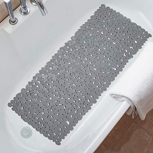 TreeBud Bathtub and Shower Mat Black Opaque Non Slip Round Pebbles Bath Mat with Suction Cups and Drain Holes Extra Long 35 x 14 Inches Bath Tub Mat for Bathroom with Machine Washable