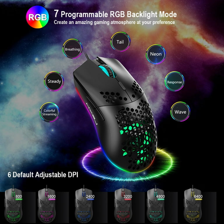 TROPRO Programmable RGB Gaming Mouse, 6 DPI (1000/1600/2400/3200/4800/6400)  96g Ultra Lightweight Honeycomb Optical LED Wired Mouse with Programmable 6  Keys RGB Marquee Effect Light 