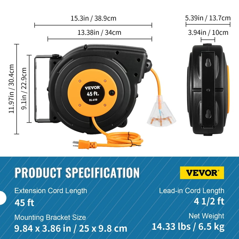 VEVOR Retractable Extension Cord Reel, 45 ft, Heavy Duty 12AWG/3C SJTOW  Power Cord, with Lighted Triple Tap Outlet, 15 Amp Circuit Breaker, 180°