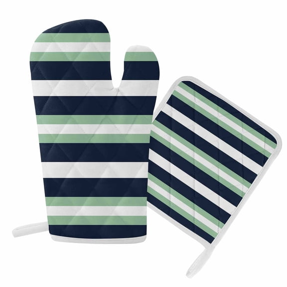 Oven Mitts and Pot Holder Set for Kitchen, Navy Blue Stripes Kitchen Oven Gloves Heat Resistance Non-Slip Surface Potholders Green Striped Hot Pads Sets for Cooking Baking Grilling BBQ