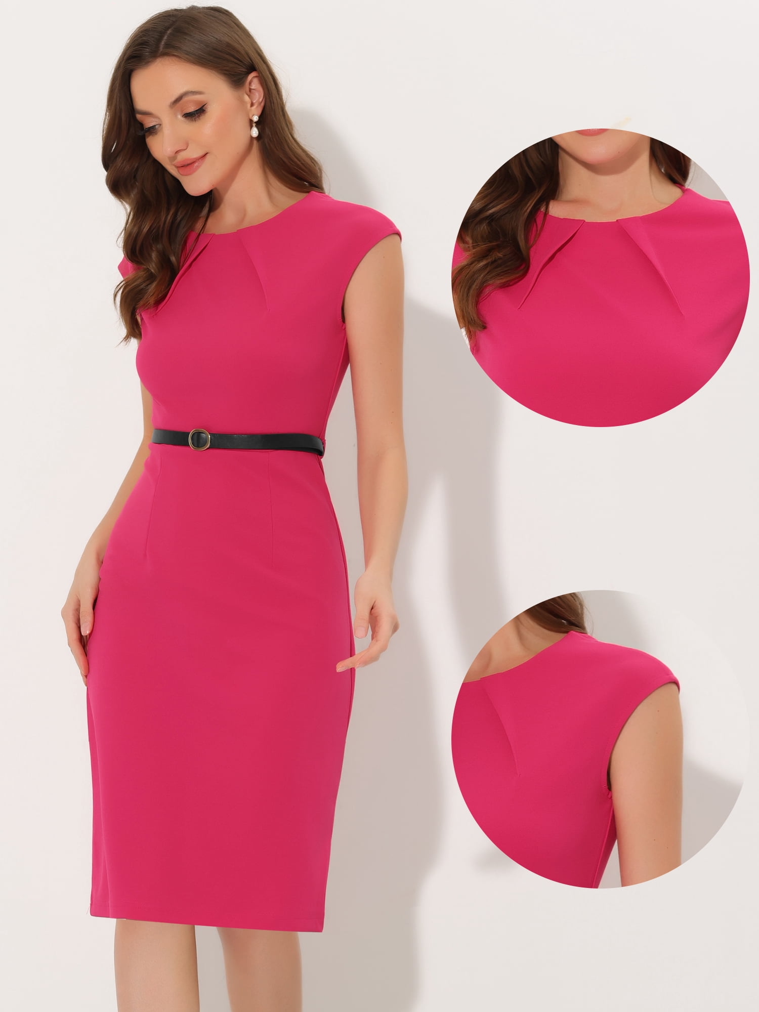 DARING DIVA Elegant Round Neck Cap Sleeve Belted Work Sheath Dresses XL Hot Pink