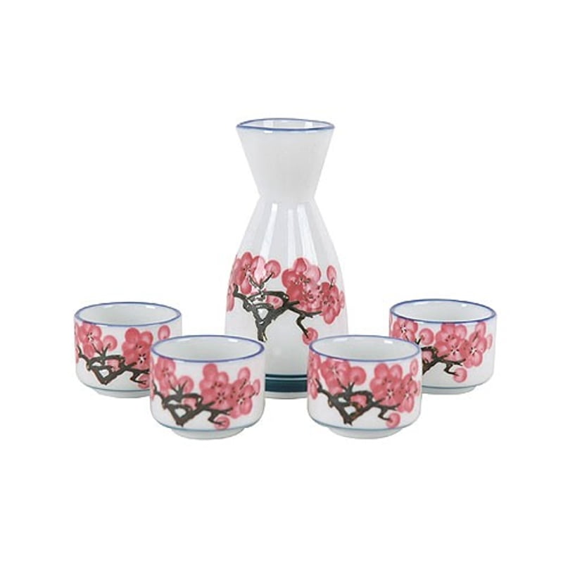 Japanese Porcelain Cherry Blossom 5 Piece Sake Set