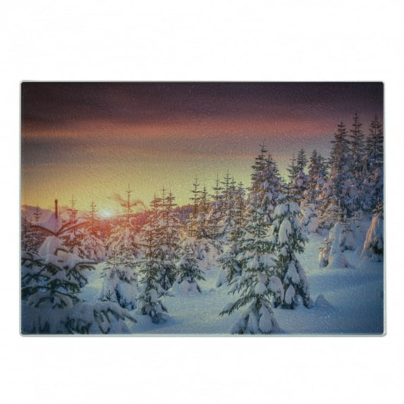 Winter Cutting Board, Snowy Landscape at Gloomy Sunrise Scenery in Mountain Forest Serene Nature Photo, Decorative Tempered Glass Cutting and Serving Board, Small Size, White Red, by Ambesonne