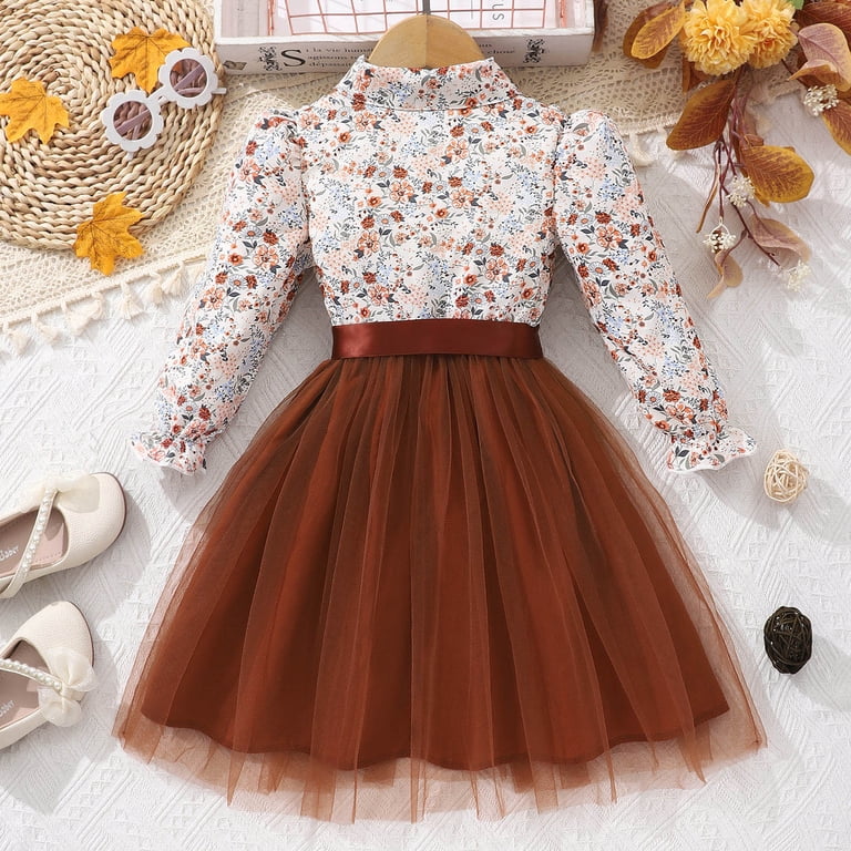 Zshosam Toddler Long Sleeve Dresses Girls Fall Dress Floral Long Sleeve Dresses Size 6T 7T,(Brown 6-7 Years)