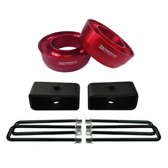 American Automotive fits 1994-2001 Ram 1500 2500 3500 Full Lift Kit 2WD 3" Red Billet Front Spring Spacers   2" Rear Blocks "Road Fury" Series for 2.5" Wide Axles Only
