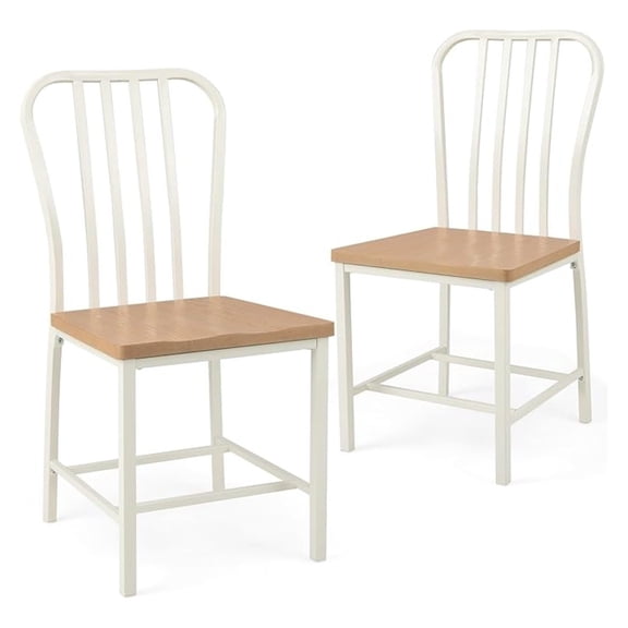 Dining Chairs Set of 2, Vintage Metal Chair with Spindle Back, Wooden Seat Plate, Farmhouse Armless Kitchen Side Chairs for Dining Room, Living Room (White and Natural)