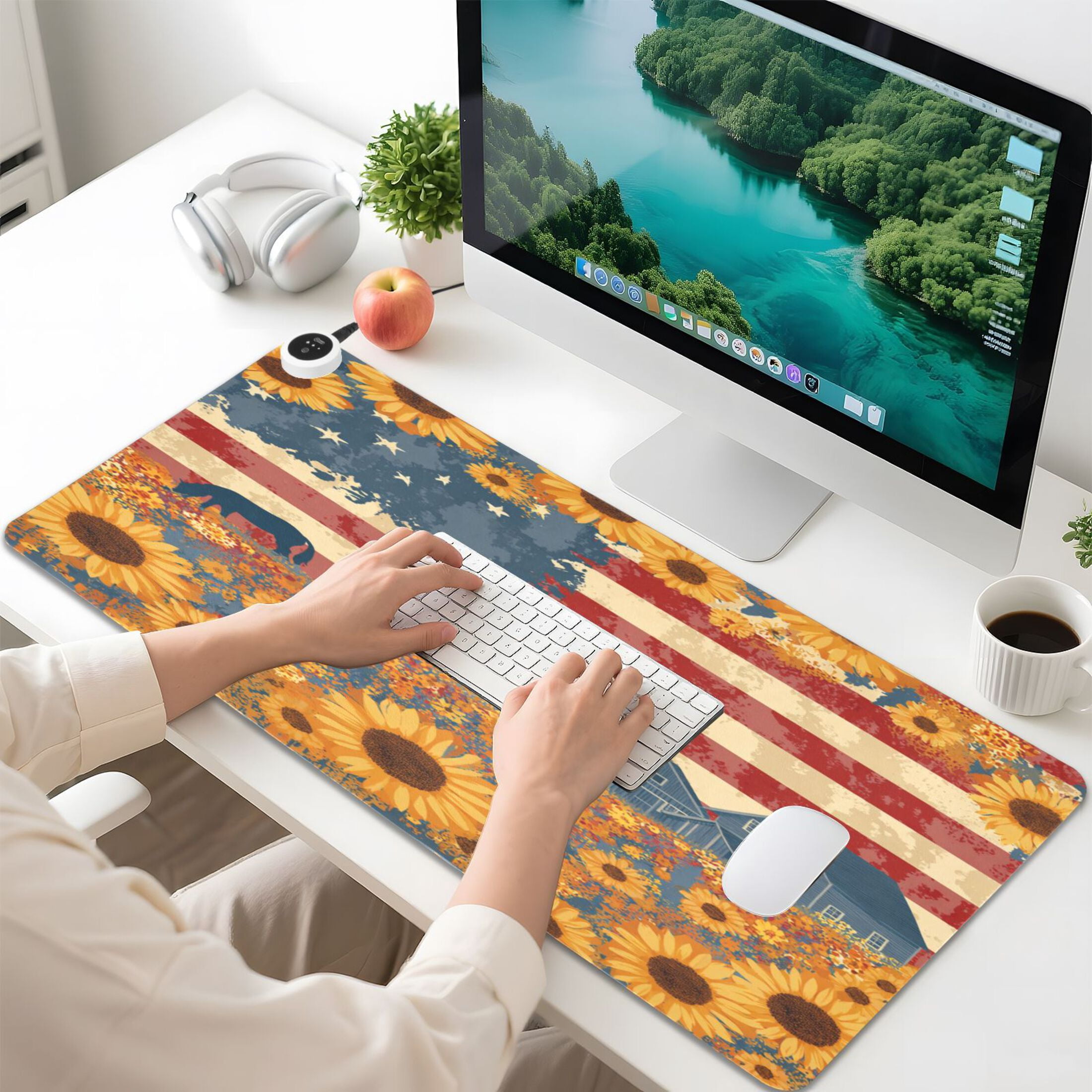 Large Heated Desk Mat Mouse Pad 31.5"x13"PU Leather Graphene Heating Desk Warmer with 3 Temperature Settings 110V US Plug Non-Slip Warm Pad for Home, Office, and Gaming American Folk Art Painting