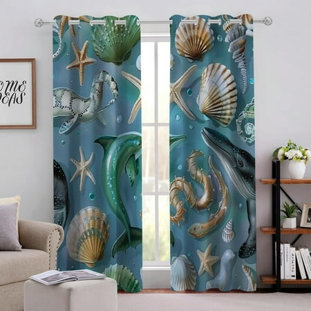 

QCPP Underwater Wildlife Perforated Blackout Curtains 2-Pack Fashionable Thermal Insulation Curtains 55x72in