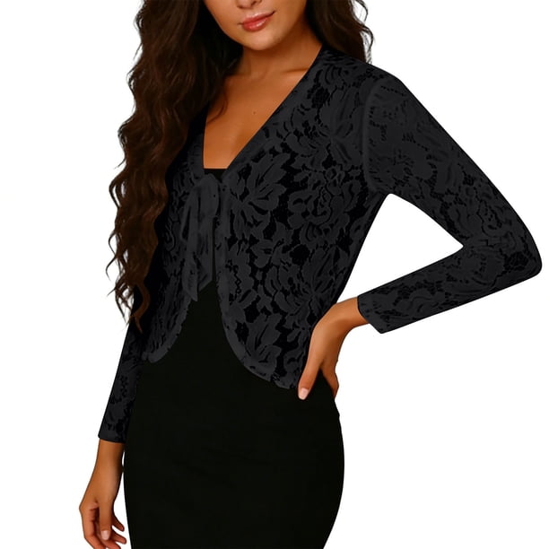 Xuyuer Women's Elegant Loose-Fit Long Sleeve Lace Cardigan, Delicate Knit Cover Up for Weddings, Beach Evenings, Date Nights and Spring Summer Romantic Outfits