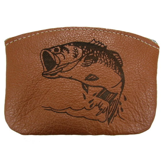 Leather Engraved Largemouth Bass Zippered Coin Pouch Change Purse USA Made, Tan