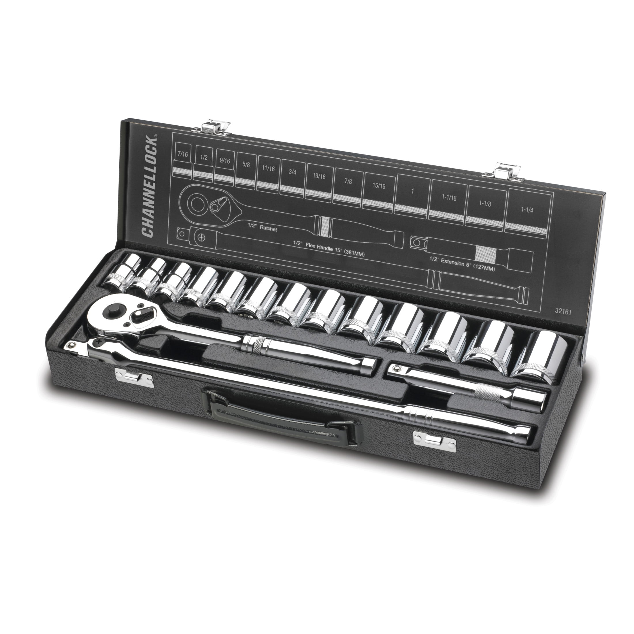 CHANNELLOCK SAE Drive Socket Set, Includes Standard Sizes, 6-Point Sockets, Durable Steel Case, 16 pieces (32161)