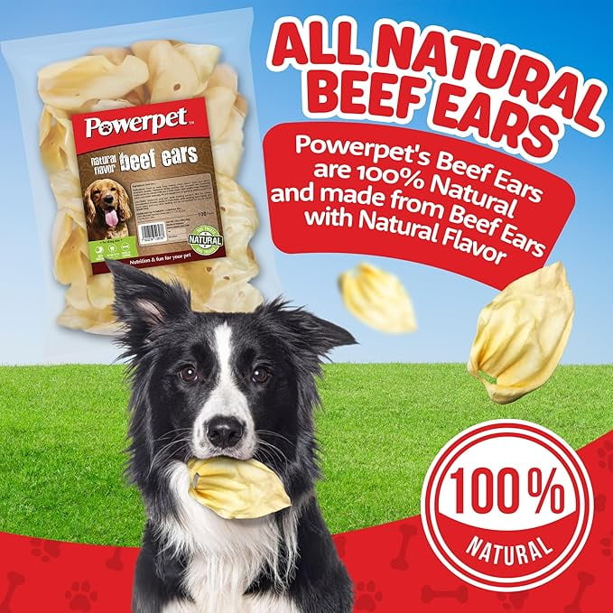 Powerpet Beef Ears, Dental Treats for Dogs - High Protein, Low Fat - 100 Pieces Bag