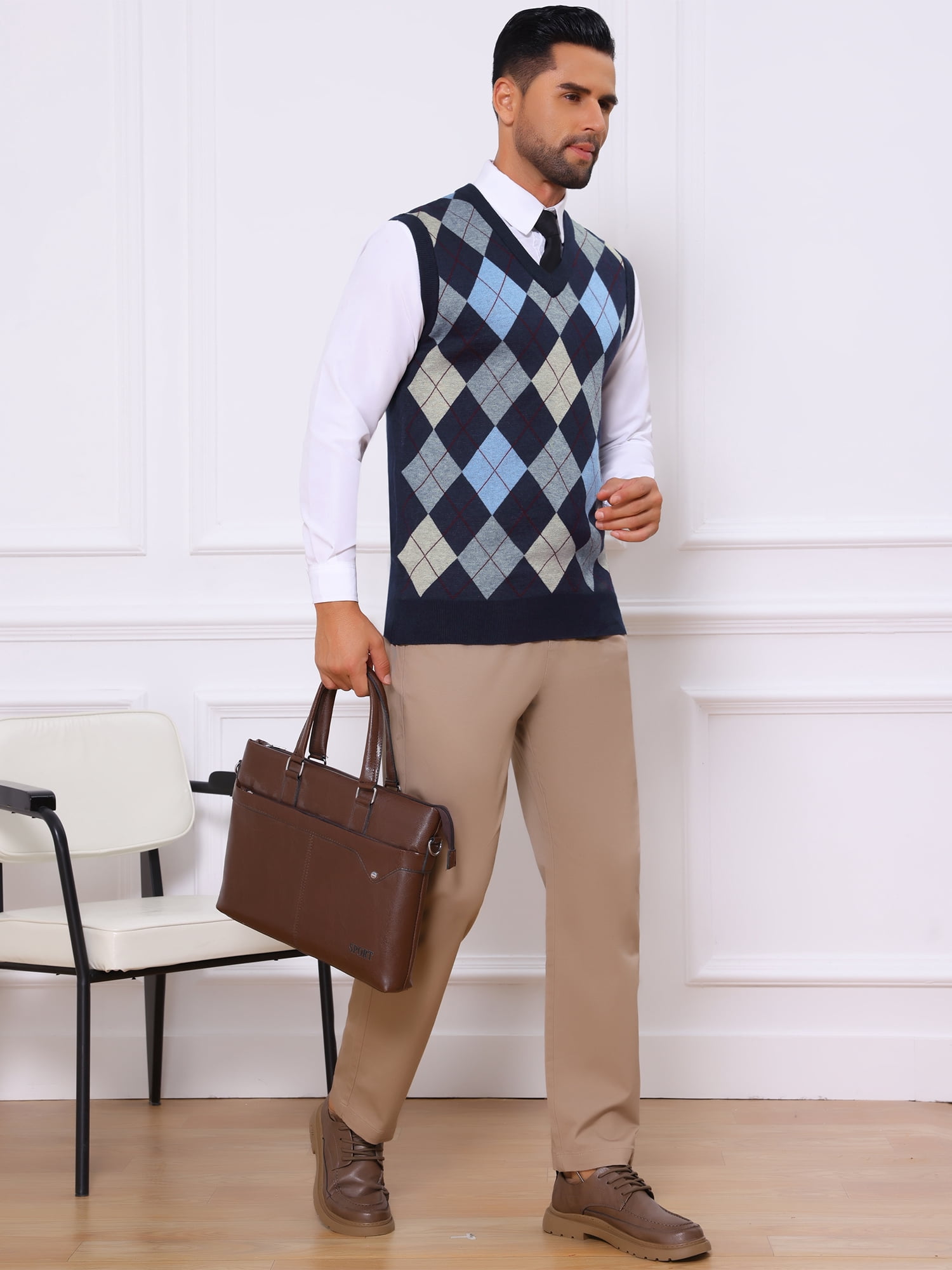 DARING DIVA Men's Casual Knit Sleeveless V-Neck Plaid Argyle Sweater Vest S Navy Blue