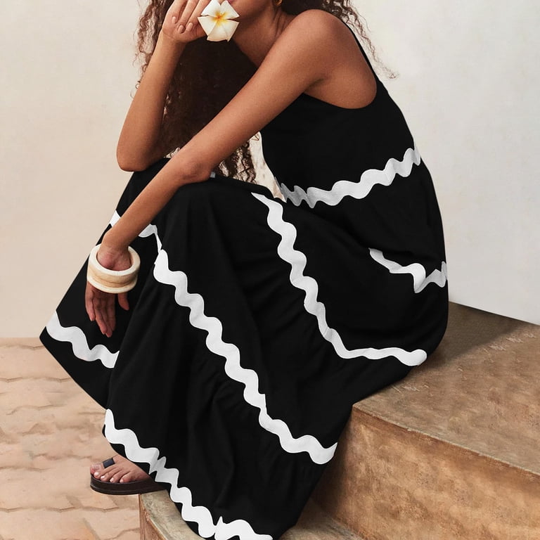 Htigea Casual Beach Sundresses for Women Trendy Stripe Halter Maxi Dress  Summer Sleeveless U Neck Loose Dresses Long Ruffled Flowy Dress -  Walmart.com