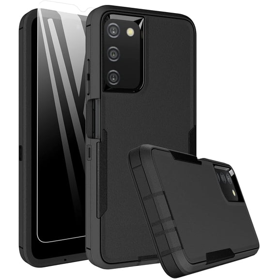 for Samsung Galaxy A03S Case, with Tempered Glass Screen Protector, Dust Proof Port Cover, Full Body Protection Rubber Cover Phone Case for Samsung Galaxy A03S/A02S, Black/Black