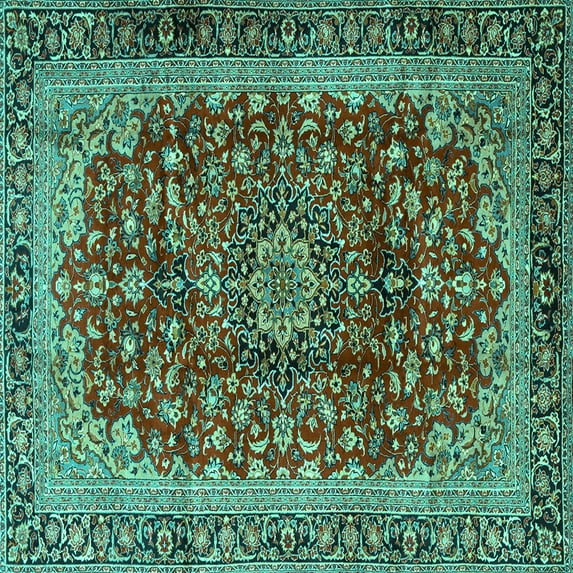 Ahgly Company Indoor Square Medallion Turquoise Blue Traditional Area Rugs, 3' Square