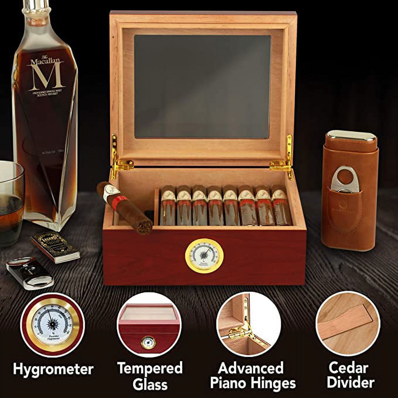 Mantello Cigar Humidors- Royal Glass-Top Humidor Cigar Box - Gifts for Men- Cigar Box for 25-50 Cigars with Hygrometer & Divider - Spanish Cedar Wood Interior, Cigar Accessories for Men - image 4 of 7