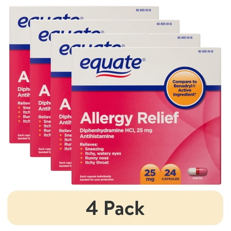 (4 pack) Equate Allergy Relief Diphenhydramine HCl 25mg Antihistamine Capsules, 24 Count, Compare to Benadryl® Active Ingredient