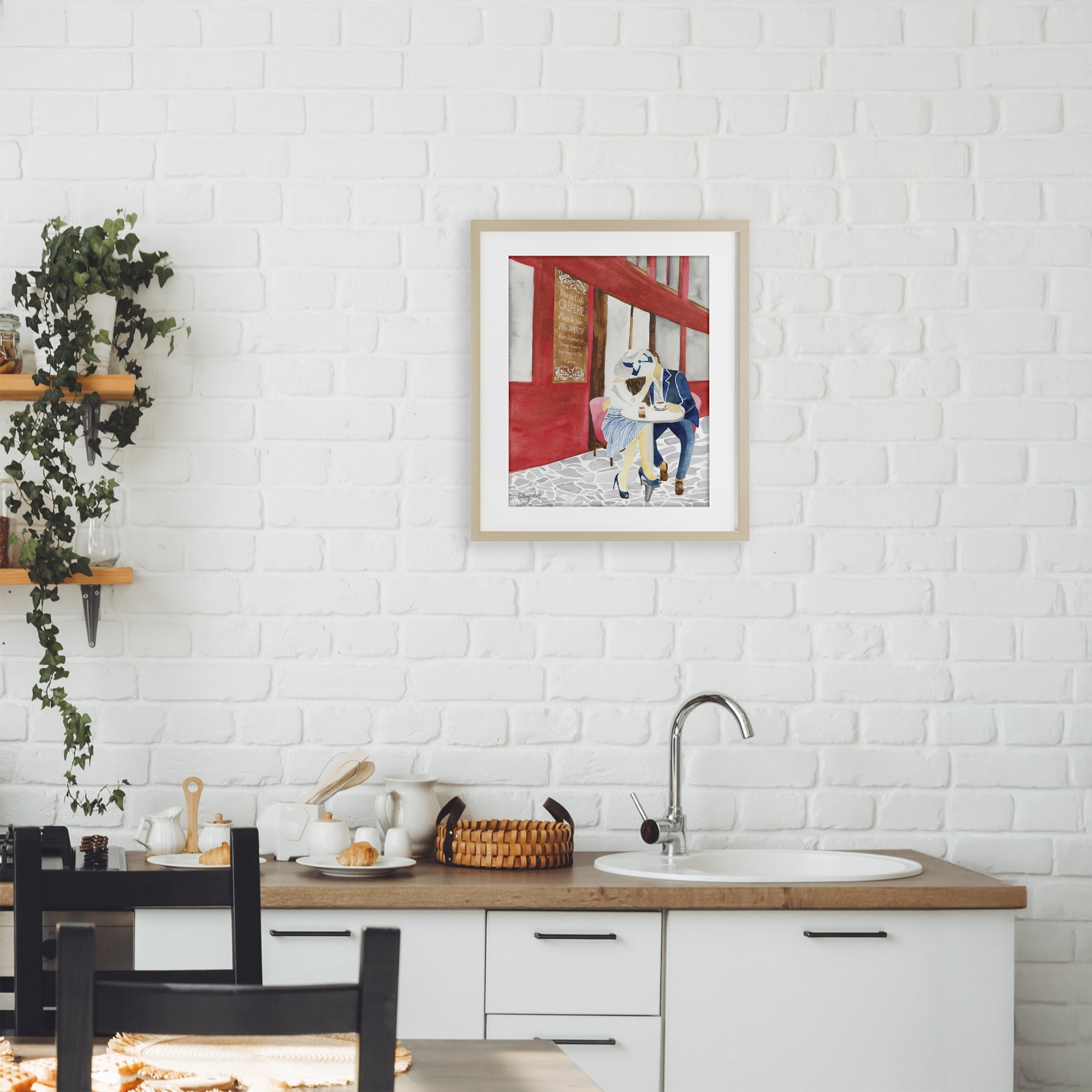 Stupell Industries Kiss At Parisian Cafe Birch Framed Print Under Glass, design by Hillary Holt