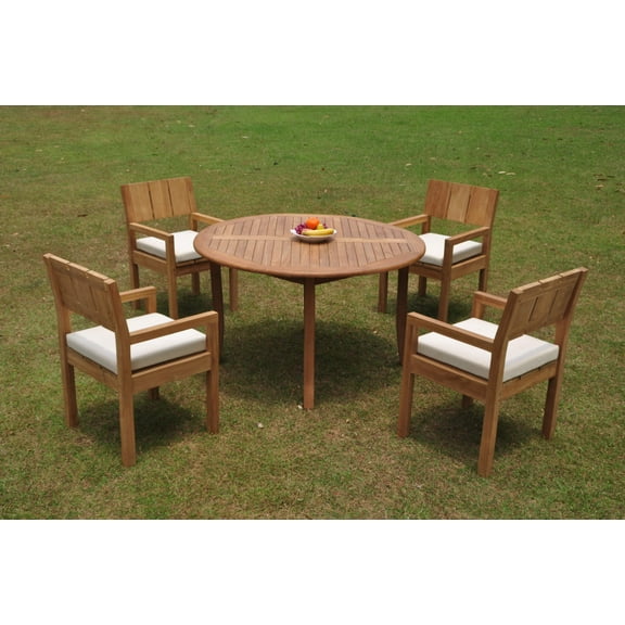 Grade-A Teak Dining Set: 4 Seater 5 Pc: 52" Round Table And 4 Veranda Arm Chairs Outdoor Patio WholesaleTeak #WMVRd