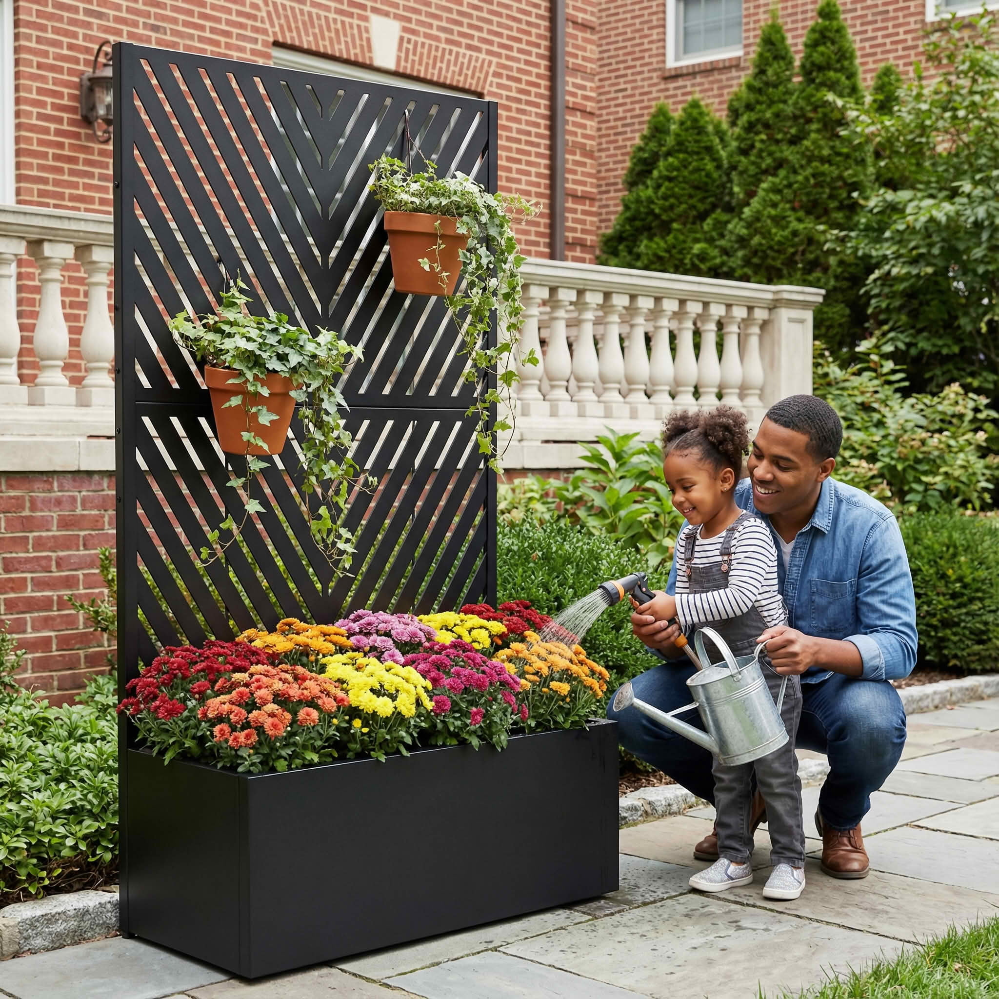 MAYEERTY 59X30" Metal Outdoor Black Privacy Screen with Planter Box for Backyard & Garden, 2 Piece Set