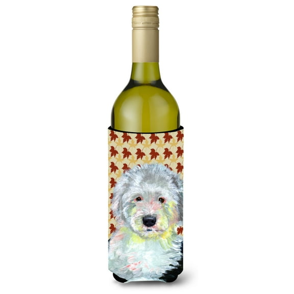 Old English Sheepdog Fall Leaves Portrait Wine Bottle Hugger
