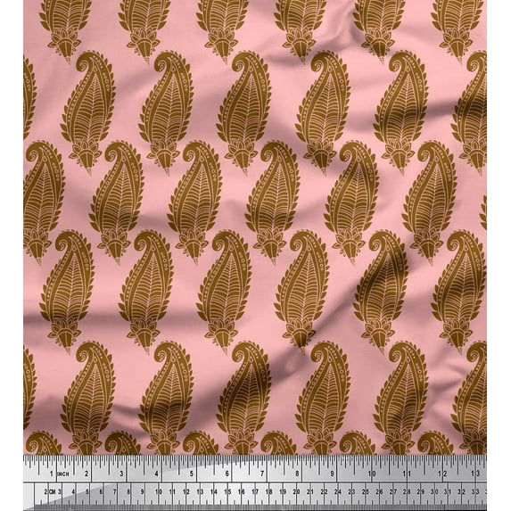 Soimoi Pink Cotton Poplin Fabric Brown Paisley Print Fabric by the Yard 56 Inch Wide