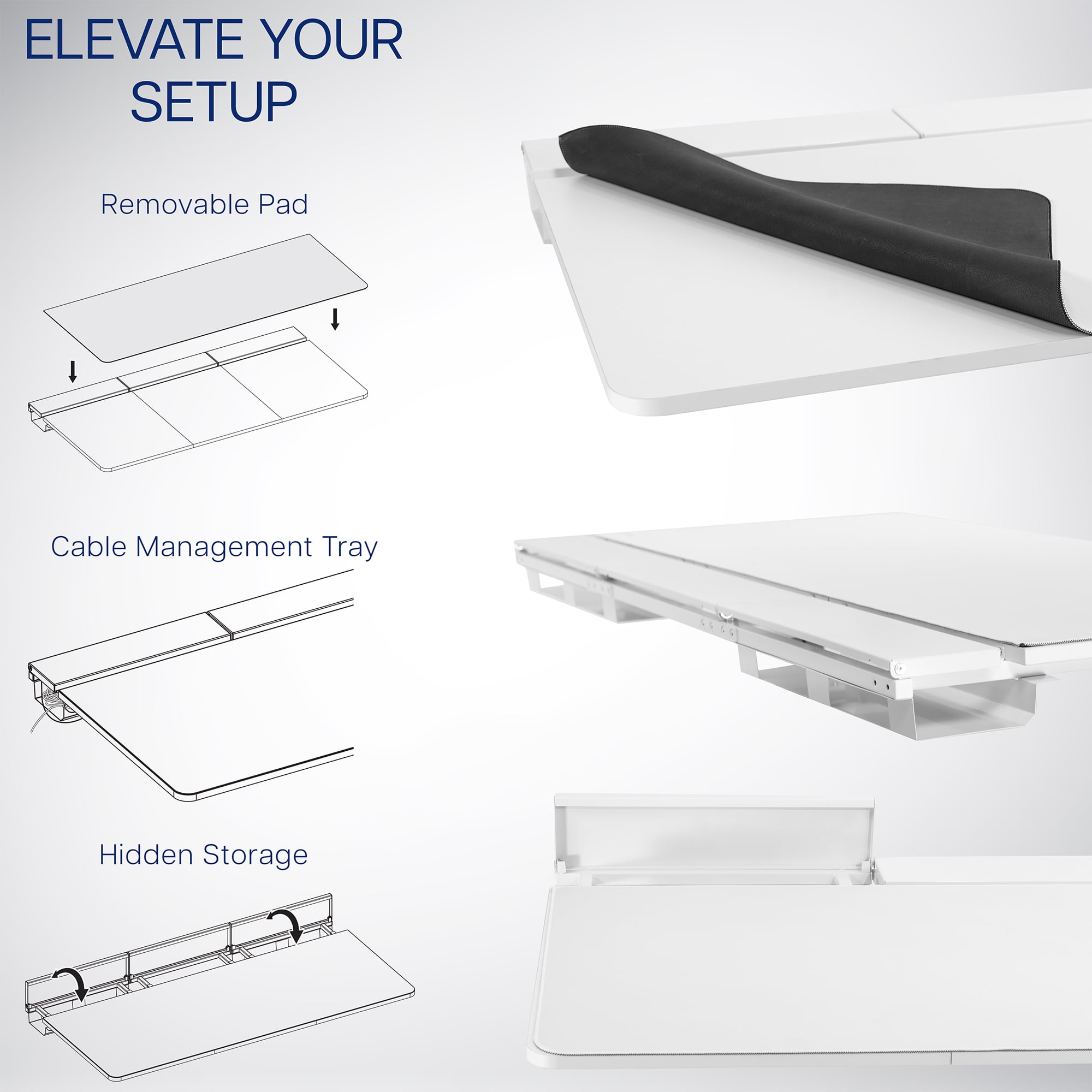 VIVO Electric 60" x 30" Desk, Full Pad, White Hidden Cable Tabletop, White Frame